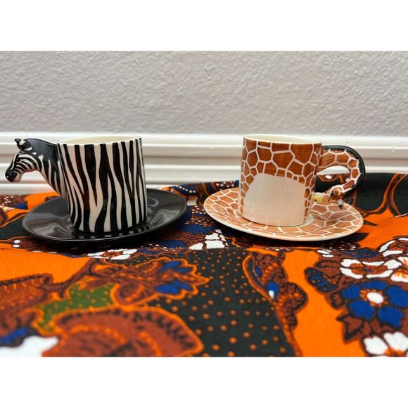 Safari Animal Zebra Giraffe 4 Piece Espresso Cups and Saucers Set - Picture 1 of 9